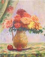 Roses with Apples on a Green Tablecloth