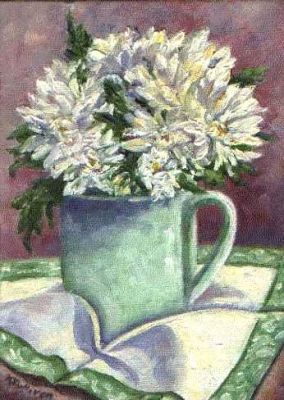 Item #17, Mums in a Jadite Pitcher